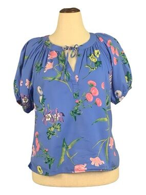 Loft Garden Tie Neck Puff Sleeve Top Blouse Blue Floral Pattern Cotton Small